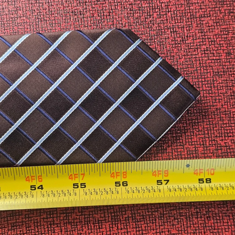 Tommy‎ Hilfiger Silk Tie Brown Blue Grid Classic Business Office Preppy Academia